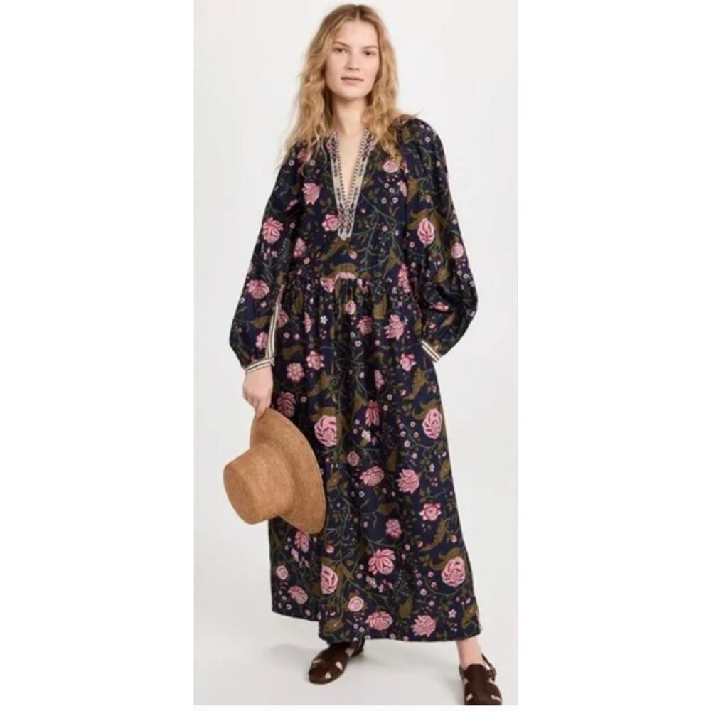 Alix of Bohemia Celeste Peony V-Neck Maxi Dress Embroidered Trim Womens Medium